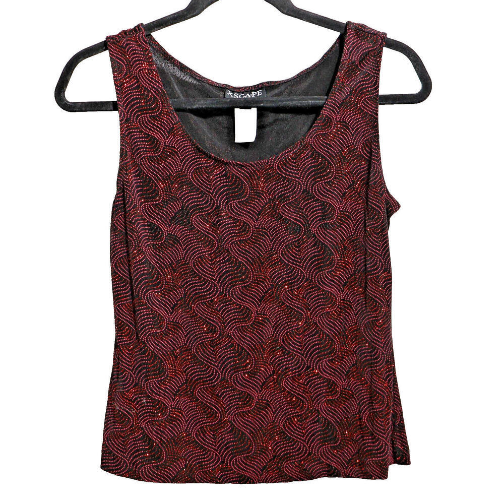 Xscape Y2K Slinky Black Red Glitter Swirls Tank Top Retro 80s‎ 90s Holiday Sz M